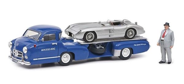 SCH03768 - Porta auto MERCEDES blu con MERCEDES 300 SLR grigio con figurina - 1