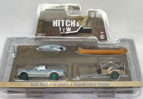 GREEN32250-C_VERT - GMC S-15 Sierra 1988 blu con cerchi verdi e rimorchio HITCH & TOW per canoe e kayak in blister - 1