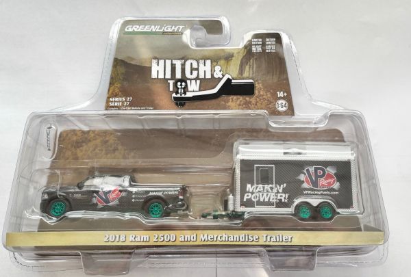 GREEN32270-C_VERT - DODGE RAM 2500 VP-RACING FUELS-MAKIN con ruote verdi e rimorchio HITCH & TOW in blister - 1