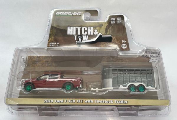 GREEN32270-D_VERT - FORD F-150 XLT 2019 bordeaux con ruote verdi e rimorchio della serie HITCH & TOW in blister - 1