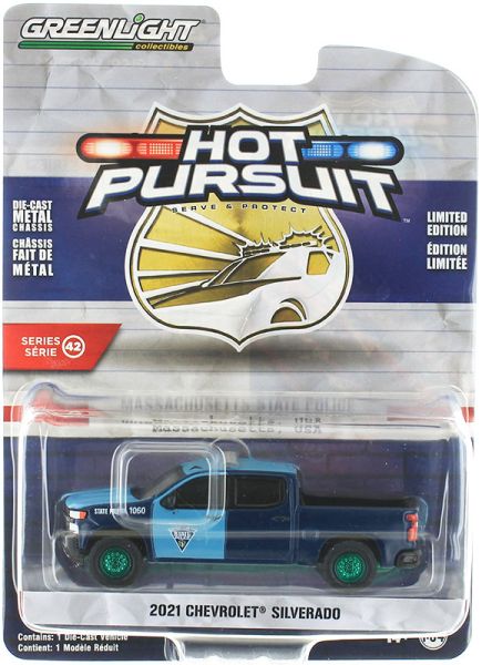 GREEN43000-EVERT - CHEVROLET Silverado con ruote verdi 2021 Massachusetts State Police della serie HOT PURSUIT in blister - 1