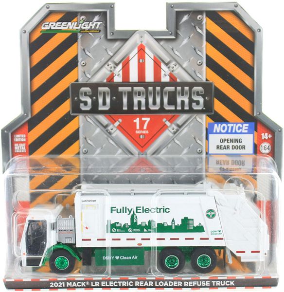 GREEN45170-CVERT - Camion dei rifiuti elettrico MACK LR di New York 2021 con cerchioni verdi della serie SD TRUCKS in blister - 1