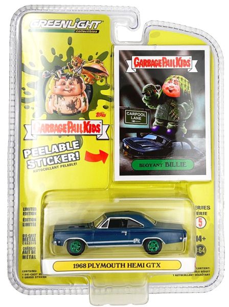 GREEN54090-AVERT - 1968 PLYMOUTH Hemi GTX Blu con ruote verdi della serie GARBAGE PAIL KIDS in blister - 1