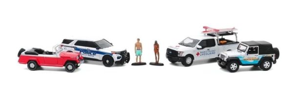 GREEN58053 - Set di 4 veicoli - JEEP Wrangler 2012 FORD Police Interceptor Utillity 2020 FORD F-150 2016 e JEEP Jeepster cabrio 1967 - FLORIDA SUMMER BASH - 1