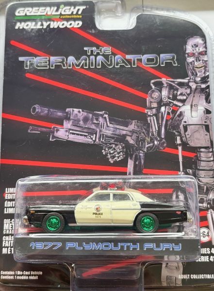 GREEN62020-AVERT - PLYMOUTH Fury 1977 Police con ruote verdi dal film TERMINATOR blisterato - 1