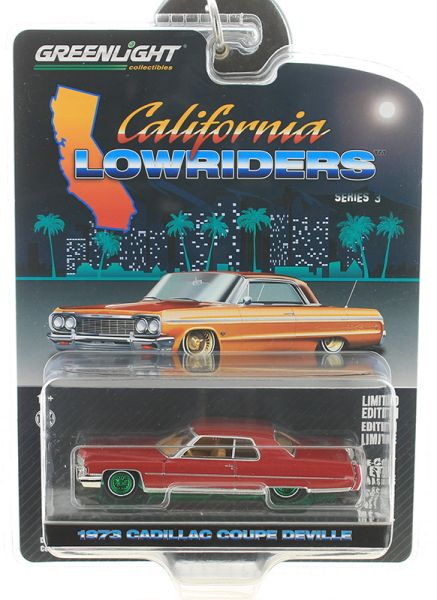 GREEN63040-EVERTE - CADILLAC coupé Deville 1973 Bordeaux con cerchi verdi della serie CALIFORNIA LOWRIDERS in blister - 1