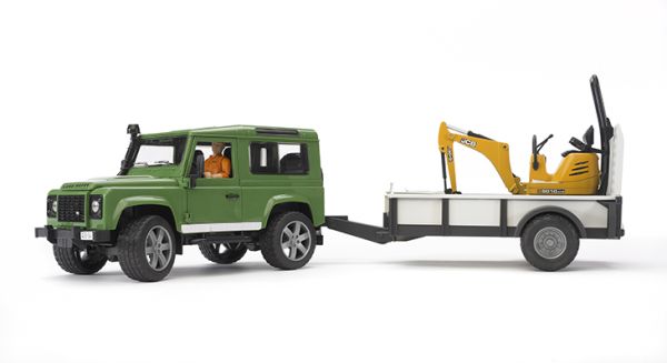 BRU2593 - LAND ROVER DEFENDER con rimorchio e miniescavatore JCB Scala: 1/16 - 1