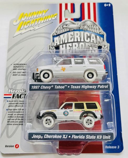 JLPK019A-3 - CHEVROLET Tahoe 1997 - Texas Highway Patrol e JEEP Cherokee XJ - Florida State K9 Unit - AMERICAN HEROES - della serie TWIN PACK 2022 in blister - 1