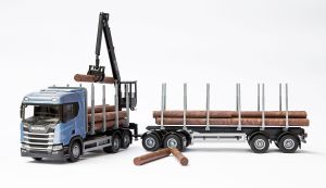 EMEK71604 - SCANIA R450 6x4 blu con gru di carico e rimorchio per il trasporto del legno