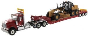 DCM85598 - Rimorchio portamacchina INTERNATIONAL HX520 6x4 rosso e XL120 con livellatrice CATERPILLAR 12M3 inclusa