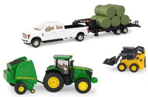 ERT46771 - Set con JOHN DEERE 7230R e pressa per balle 569; 4x4; pianale e minipala 318G