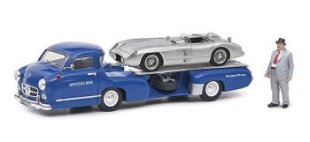 SCH03768 - Porta auto MERCEDES blu con MERCEDES 300 SLR grigio con figurina