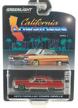 GREEN63040-EVERTE - CADILLAC coupé Deville 1973 Bordeaux con cerchi verdi della serie CALIFORNIA LOWRIDERS in blister