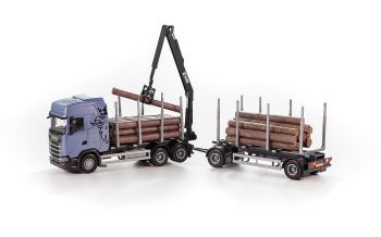 EMEK70624 - SCANIA S 6x4 blu con rimorchio 1 + 1 asse di trasporto del legno e braccio di carico