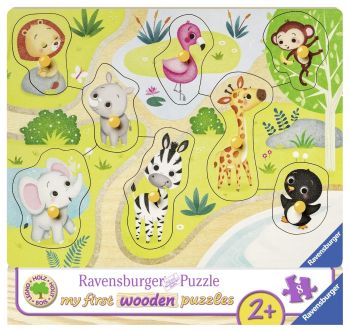 RAV036875 - Puzzle in legno - 8 pezzi - Animali dello zoo - 22 x 24 cm